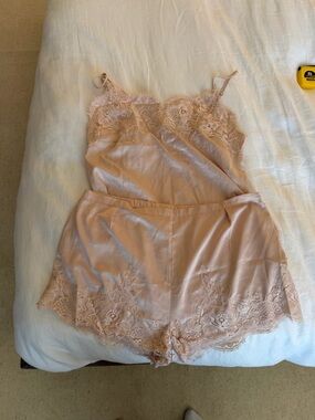 Lace-Trim Satin Cami & Shorts Sleep Set in Blush Pink
